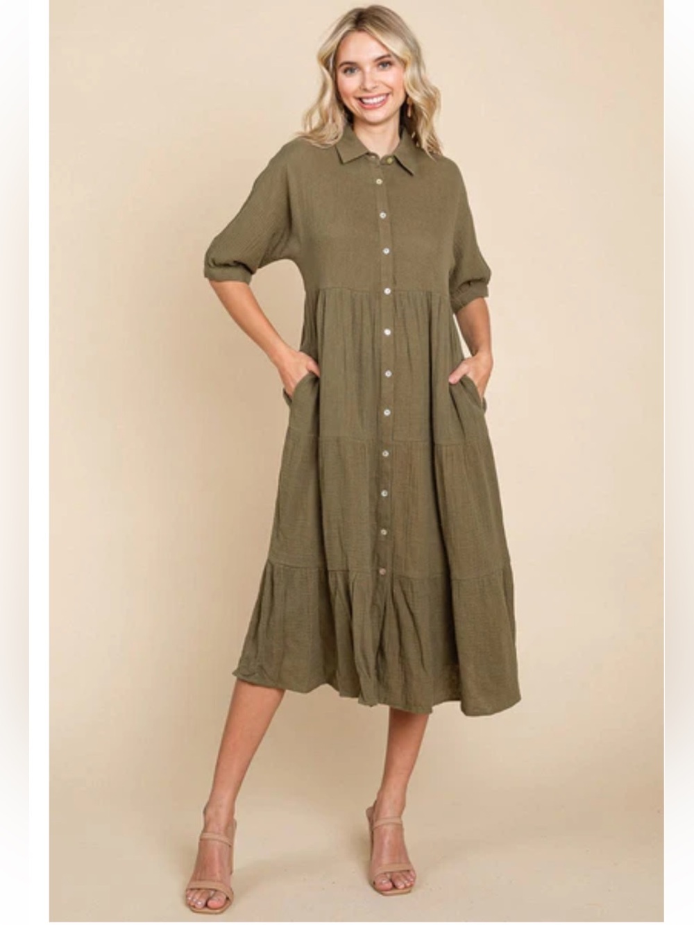 Olive Collared Button-Front Midi Dress